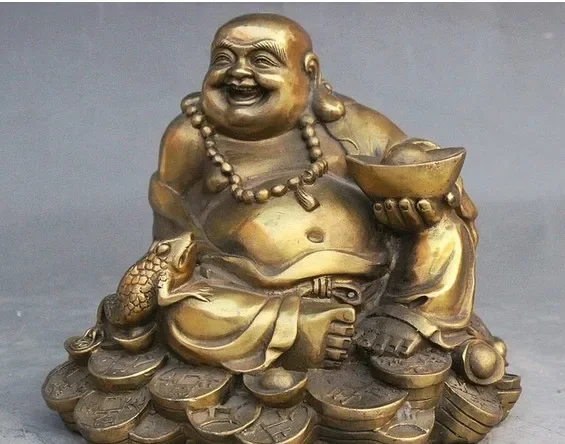 China Buddhism Brass Toad Happy Laugh Maitreya Hand Hold Yuanbao Wealth Statue