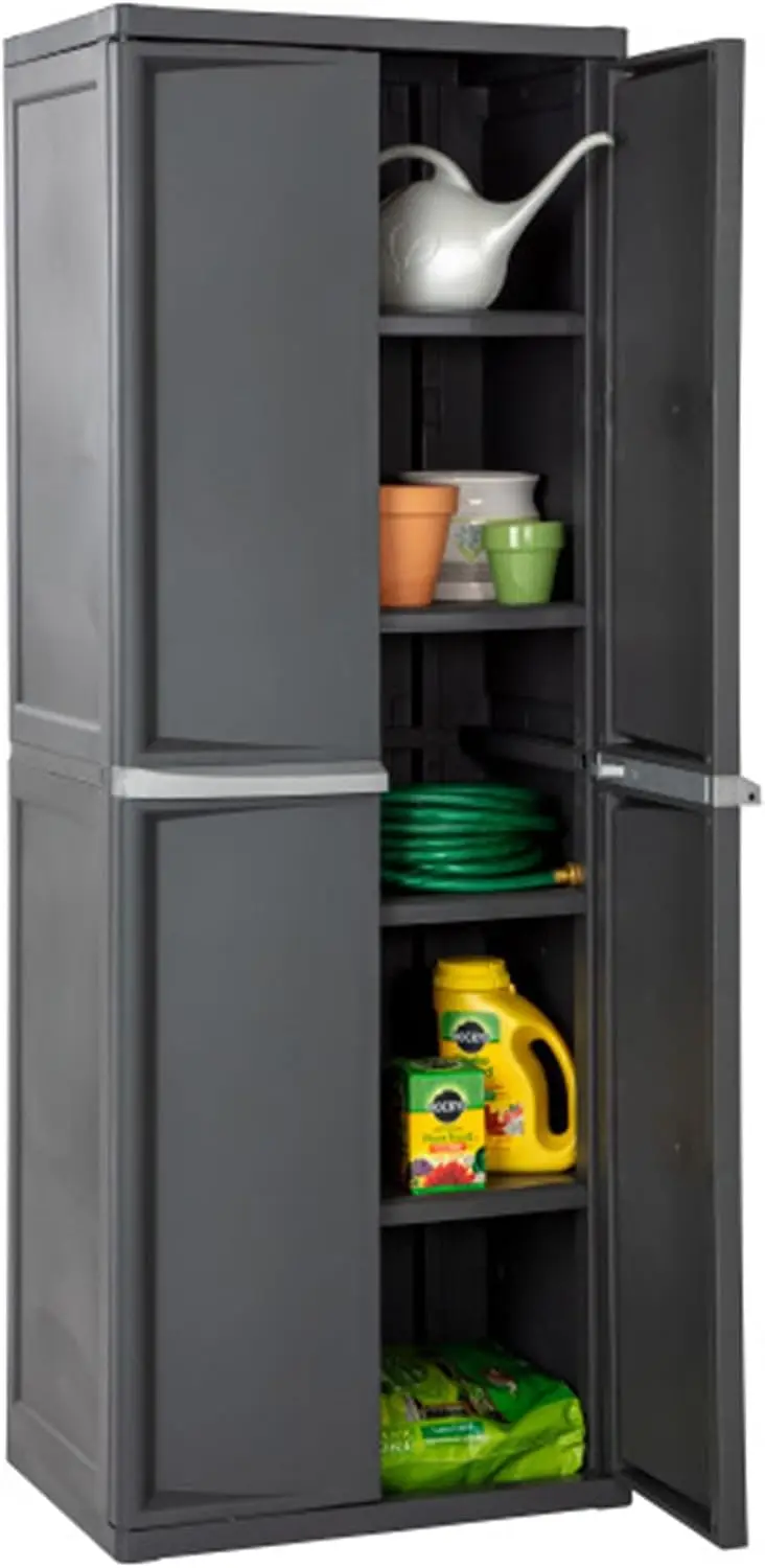 4 Shelf Cabinet, Lockable Utility Storage, Gray Adjustable Shelves - Plastic Shelving Unit for Organizing Garage