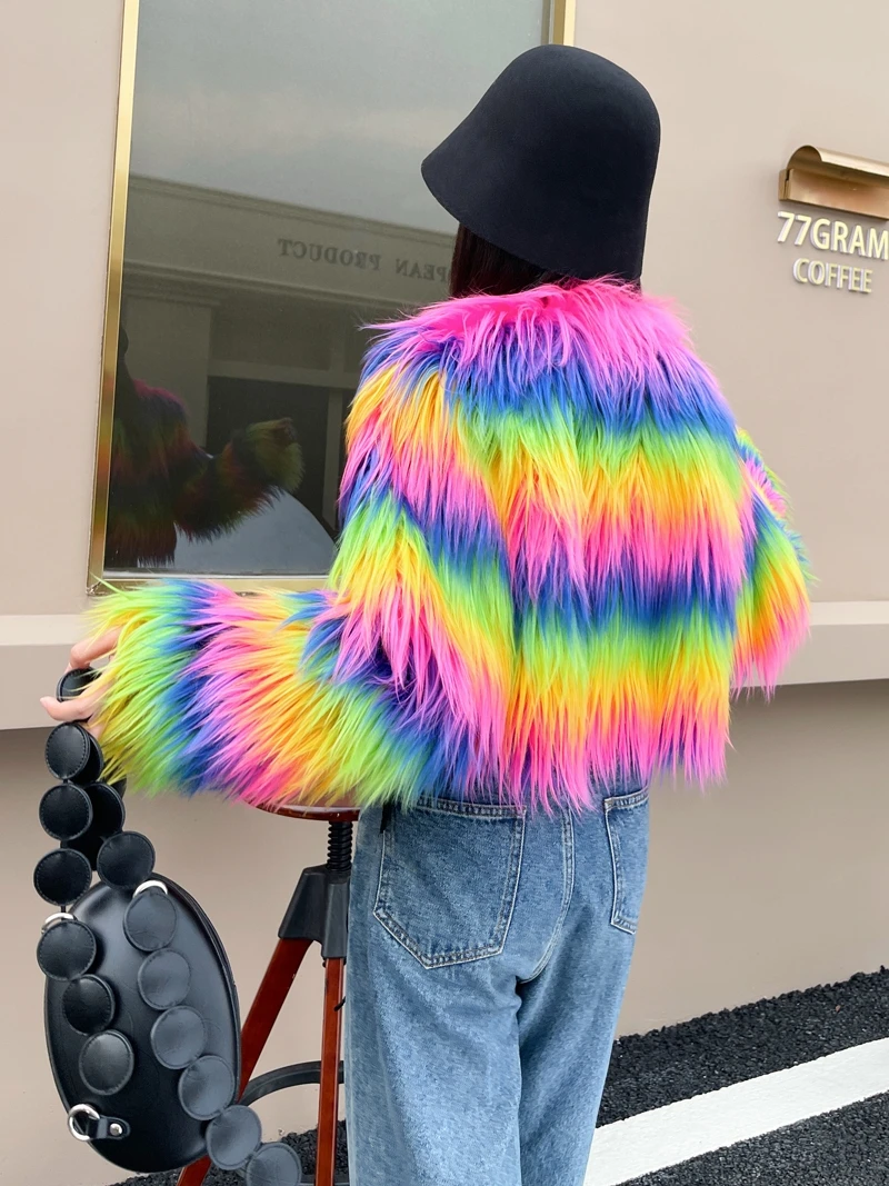 Original Design Female Fashion Rainbow Color Faux Fur Coat Lady Shaggy Outerwear Women's Winter Jacket Factory Direct Sales