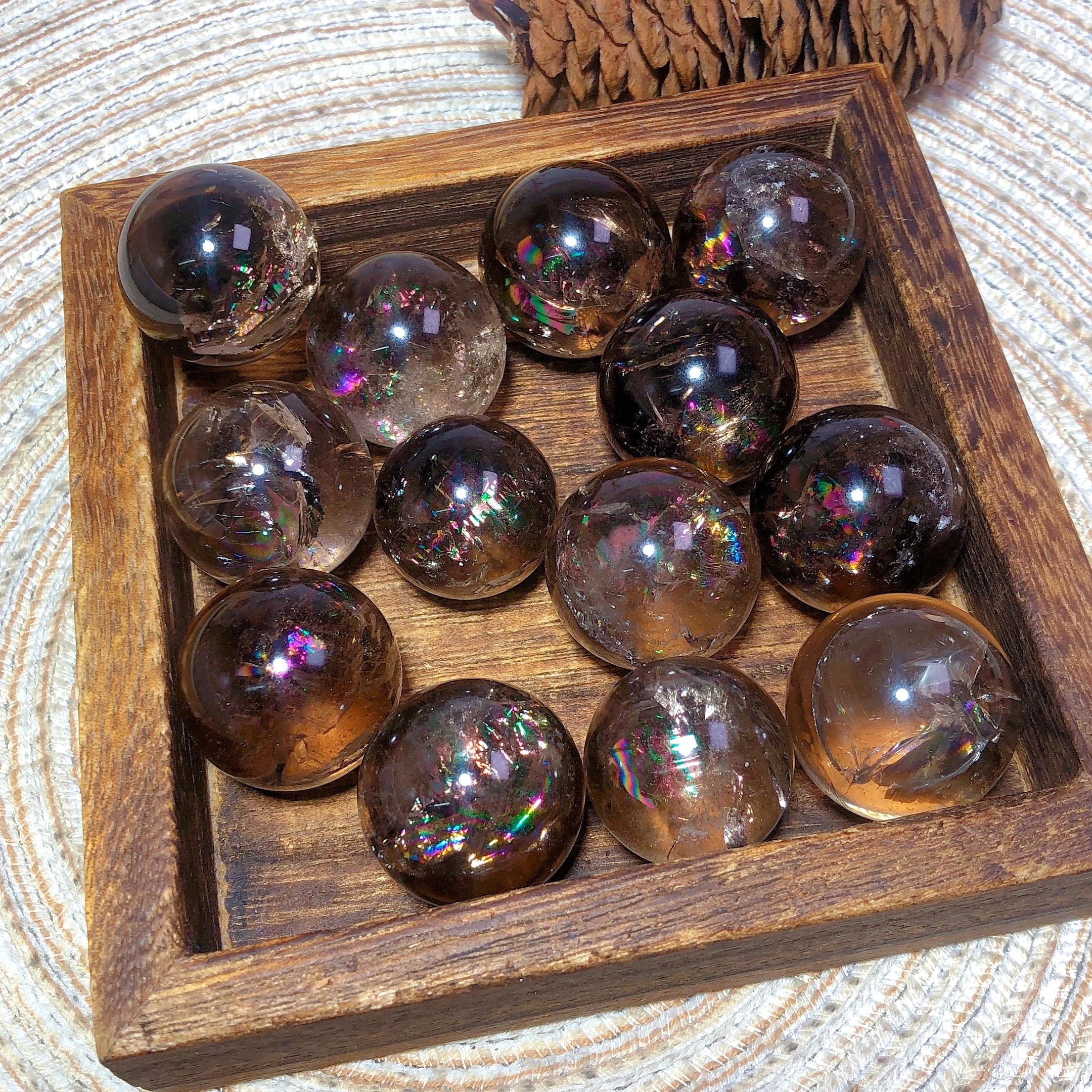 Natural Crystals Smokey Quartz Mini Rainbow Sphere Cute Size Carckle Ball Home Decorations Polished
