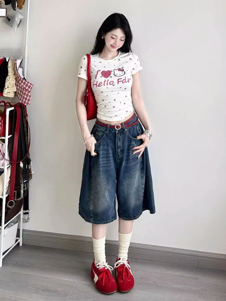 جينز نسائي عالي الخصر وواسع الساق بطول سبع أقدام صيفي رقيق وفضفاض ومستقيم يناسب جميع أجهزة الخمس نقاط غير رسمية...