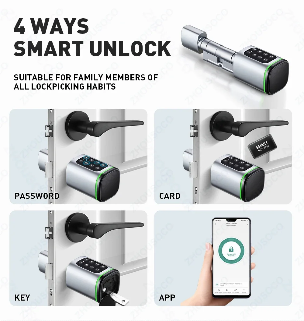 Imagem -02 - Tuya-smart Keyless Cilindro Bloqueio Bluetooth App Senha Desbloqueio do Cartão Rfid Desbloqueio Digital Bloqueio Home Eletrônico