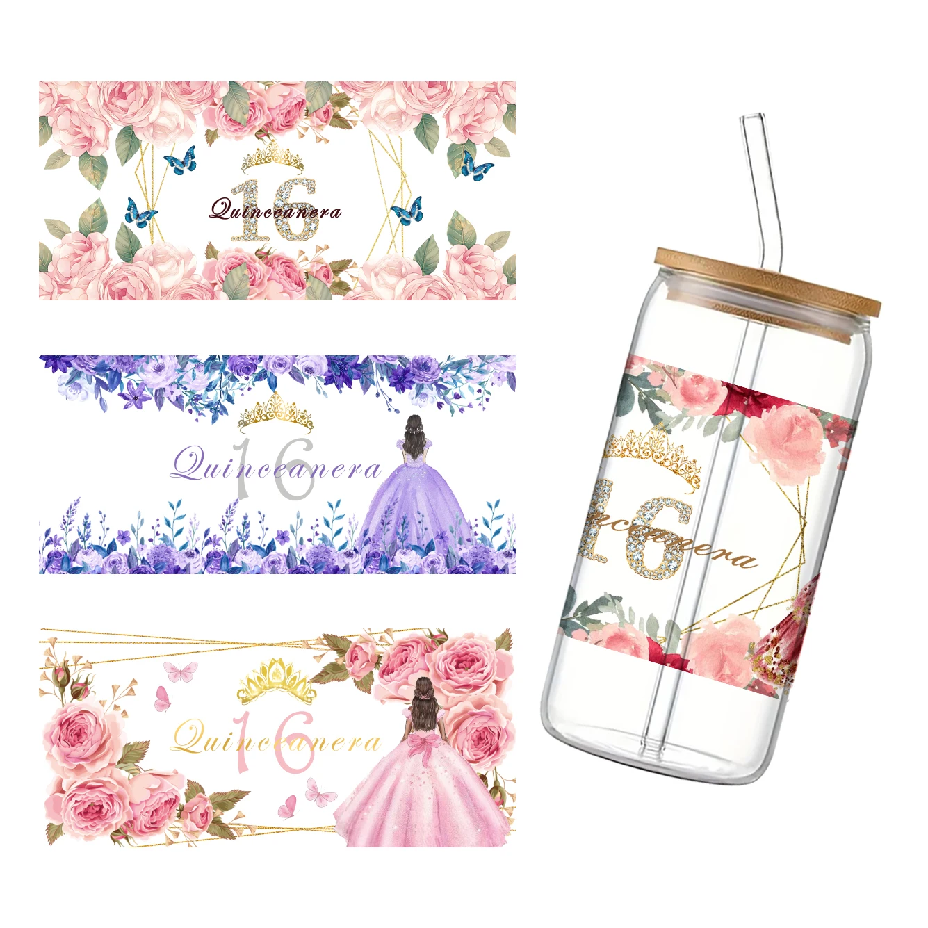 11x24cm Ceremony Birthday Wedding For Libbey 16oz Can Glass 3D Waterproof UV DTF Coffee Can Wrap Libbey Glass Wrap