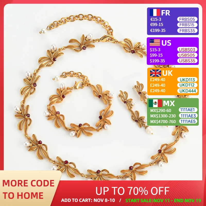 

Vintage Freshwater Pearls Orchid Flower Jewelry Set High Quality Necklace Earring Bracelet Gold Color Accessories For Woman