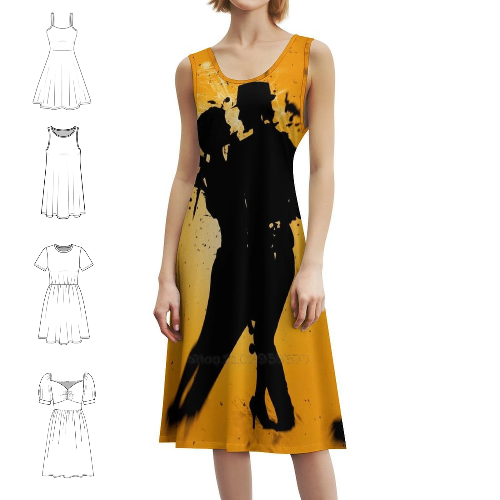

Tango Dancers Yellow Pop Art Women's Streetwear Party Dress Trendy Print Club Clothing For Female Pop Art Dancing Couple Dance