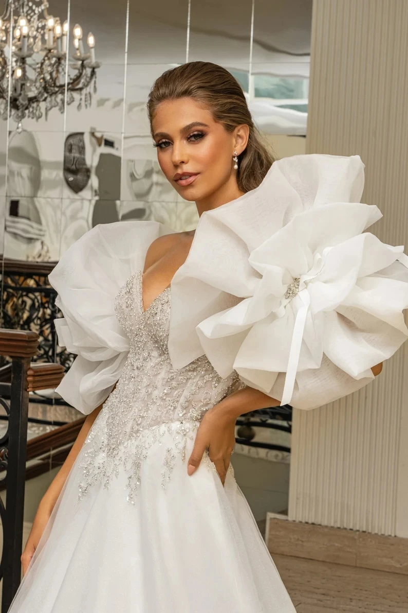 Elegante matrimonio bianco rimovibile staccabile a strati petalo fiocco stile maniche splendidi accessori da sposa guanti