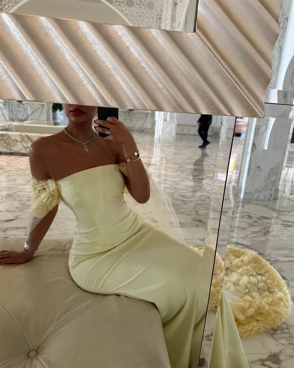 Amanda Customized Yellow Off Shoulder 3D Flower Prom Dress Mermaid Sleeveless vestidos de noche Floral Train Formal Evening 2025