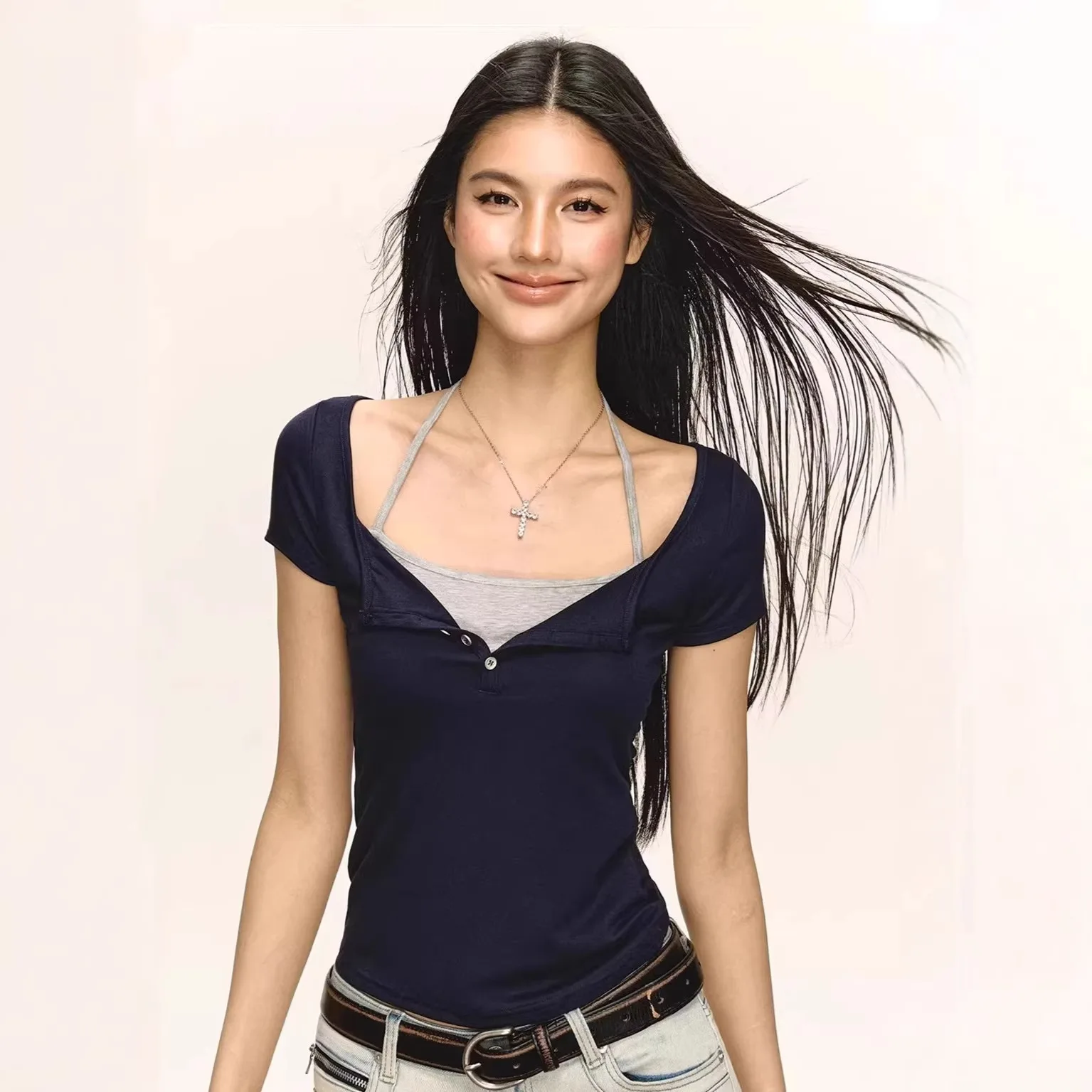 

American Spice Girl Contrasting Cotton Short-Sleeved T-Shirt Women's Top 2026 New Contrasting Slim Short-Sleeved Top