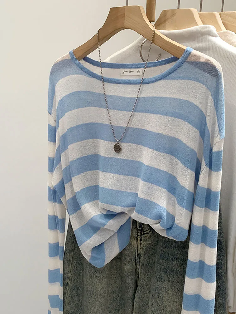 Loose Contrast Color Striped O-Neck Women T-Shirt Korean Style Versatile Thin Long Sleeve Sunscreen Top 2026 Fashion Casual Tees
