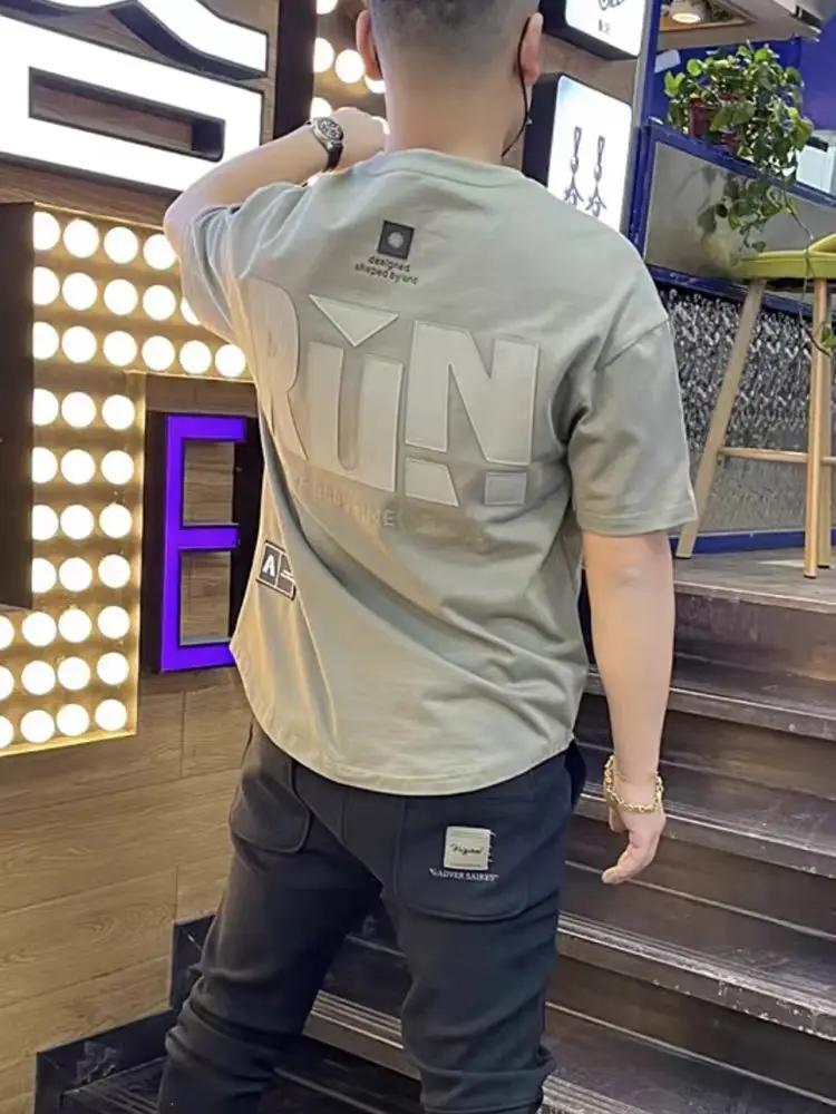 New 2026 Men's Short Sleeve T-Shirt Embroidered Large Letter Cotton Pure Summer Versatile Half Sleeve Top Youth Fashion Trend