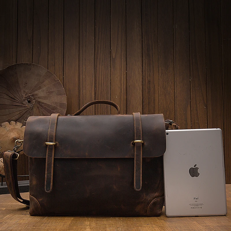 Bolsa de ombro de couro genuíno para homens, couro cavalo louco, bolsa transversal, pasta vintage, couro de vaca, bolsa para mensageiro artesanal