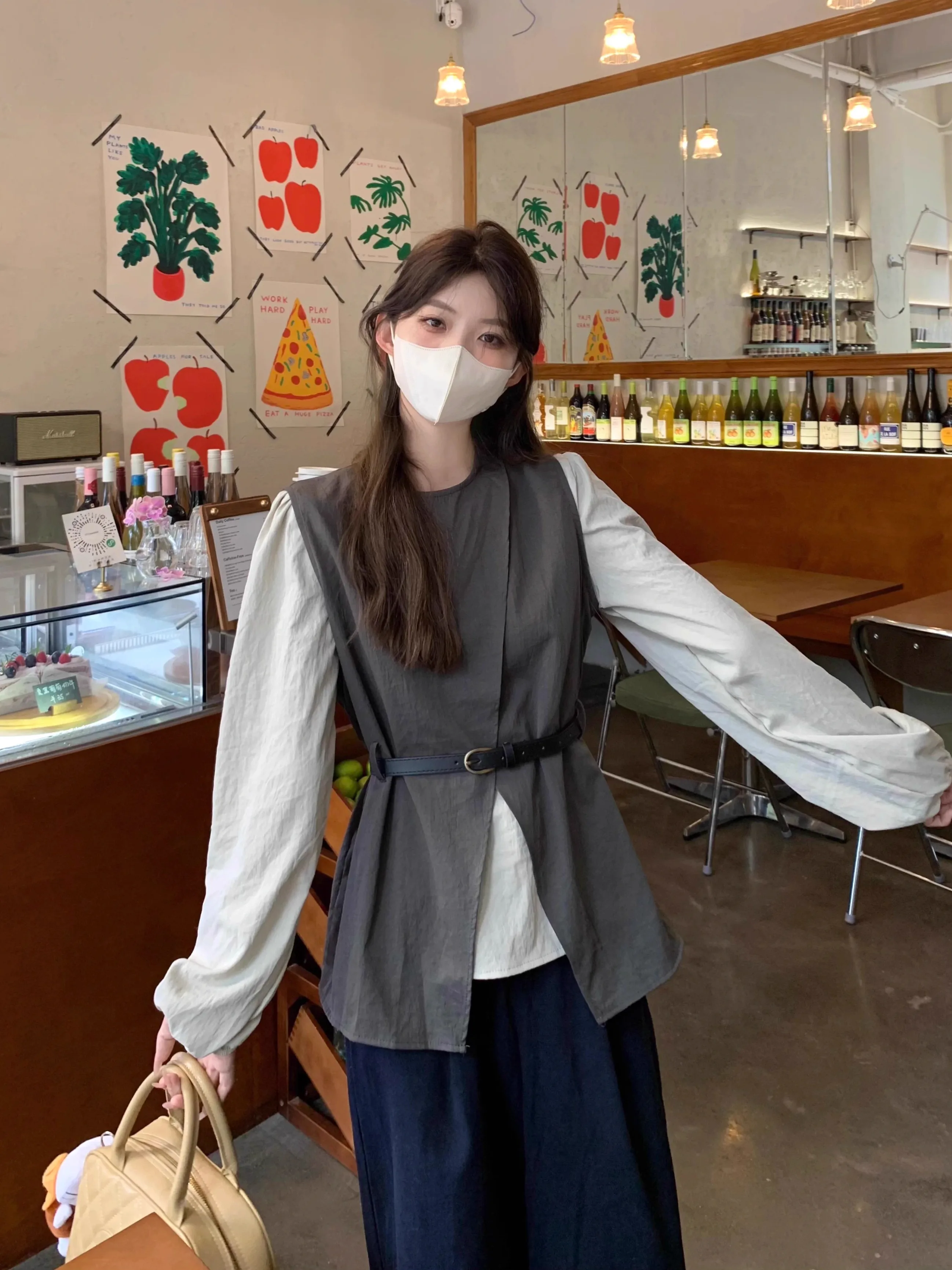 

Fashionable Women's Autumn Outfit 2026 New Korean Style Open Cardigan Vest Long Sleeve Shirt Wide Leg Pants Three Piece Set