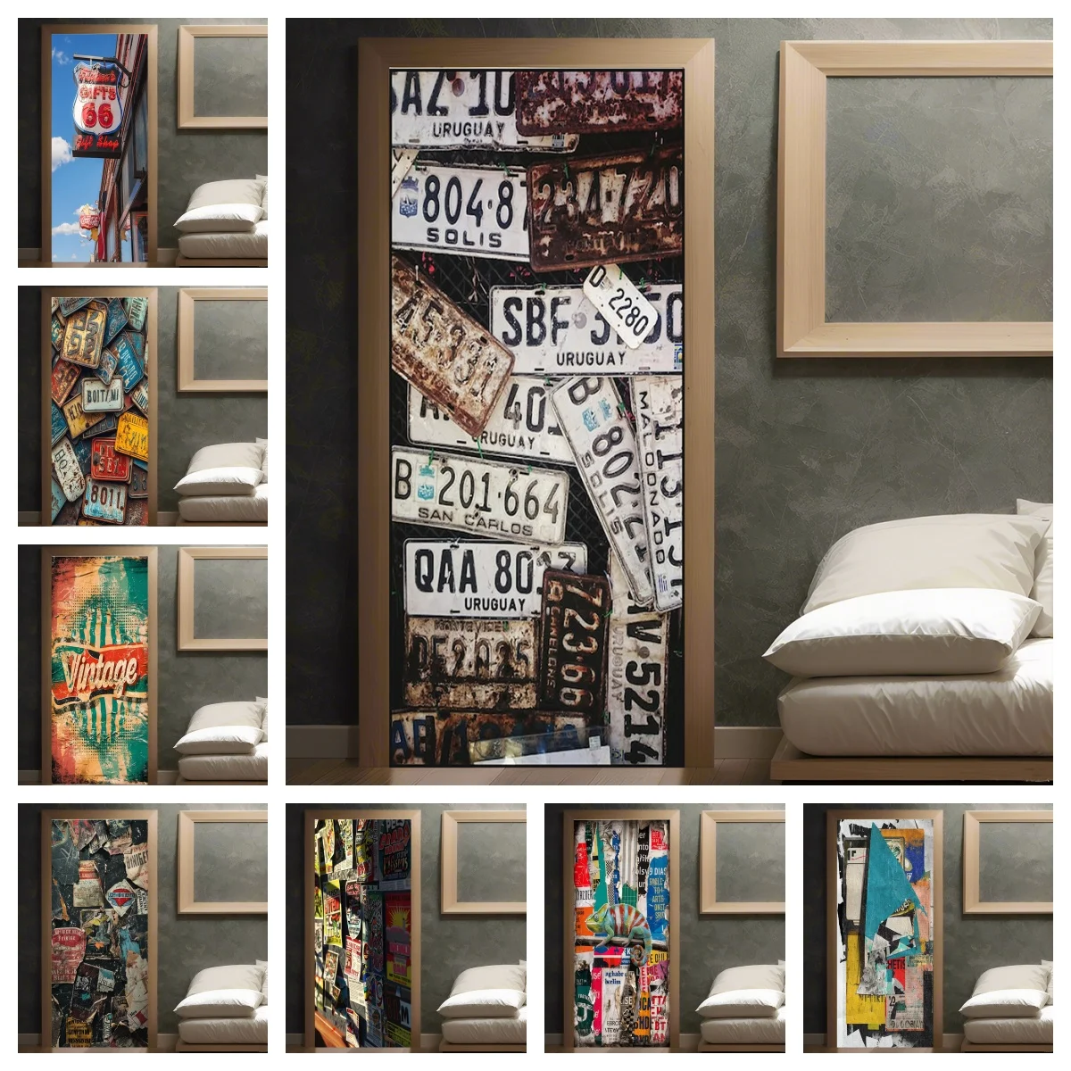 Vintage Retro Collage Door Sticker Full Door Covered Wallpaper Self-adhesive Sticker for Wall Decals Home Refrigerator Decor