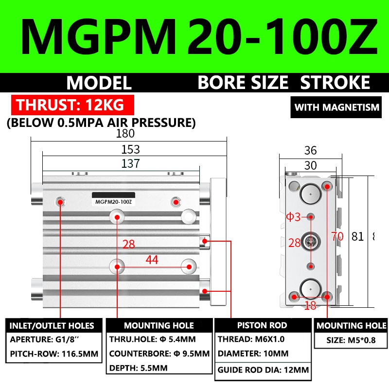 

ABILKEEN MGPM Series Pneumatic Compact Guide Cylinder MGPM20-100Z 20MM Bore X 100MM Stroke Three Axis Three Rod Air Cylinder