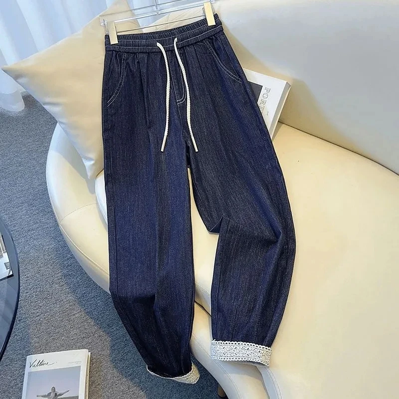 Dames kanten splitjeans trekkoord elastische taille diepblauwe dunne harembroek 2025, lente zomer nieuwe stijl losse broek