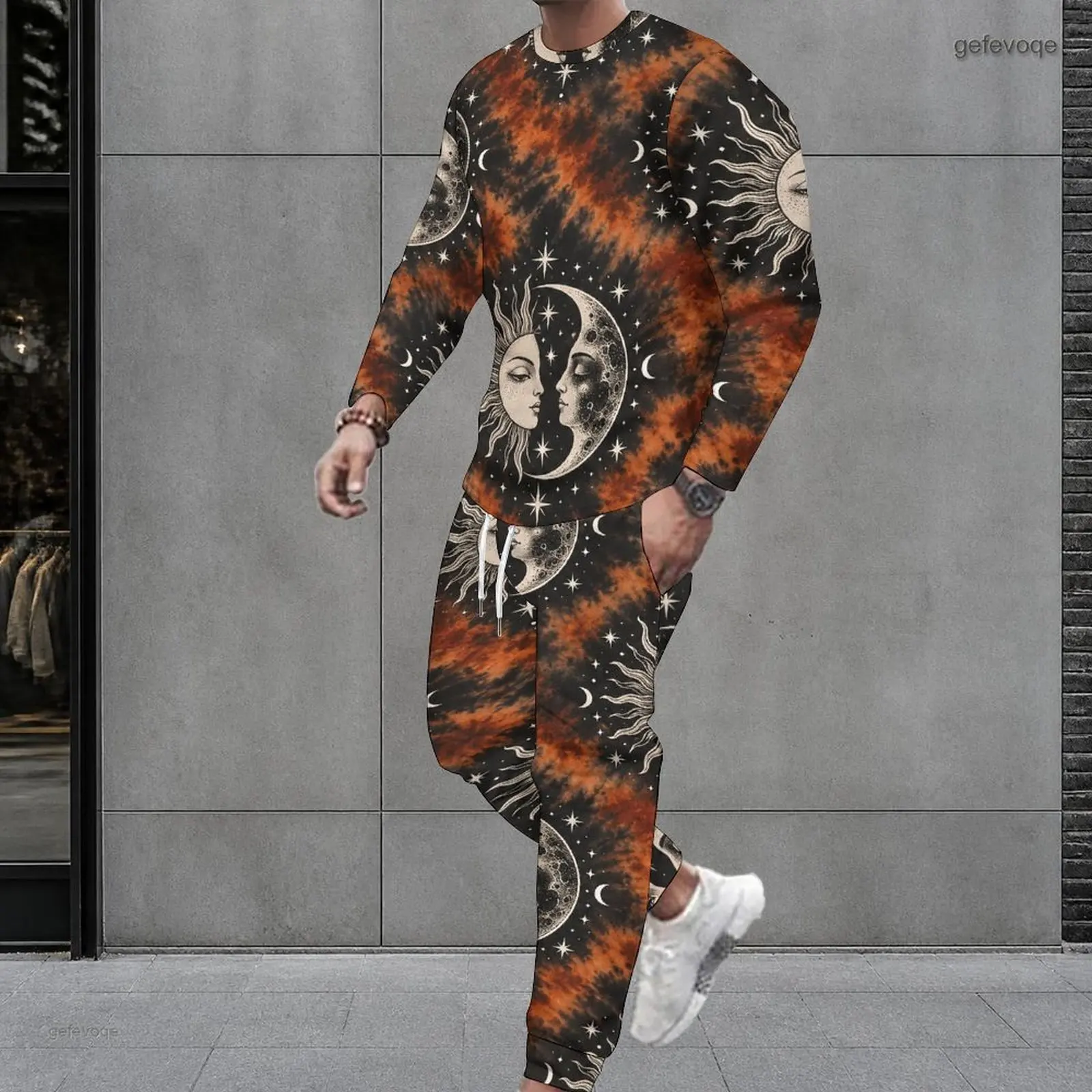 Men Celestial Sun Moon Star Tie Dye Printed Round Neck Long Sleeve Top Cuffed Pants Two Piece Set