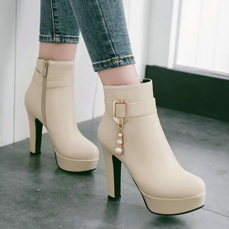 

Elegant Mature Pink Lady Shoes with Pearls Tassel Metal Buckle Thick Block High Heels Ankle Short Platform Boots Big Size 44 45