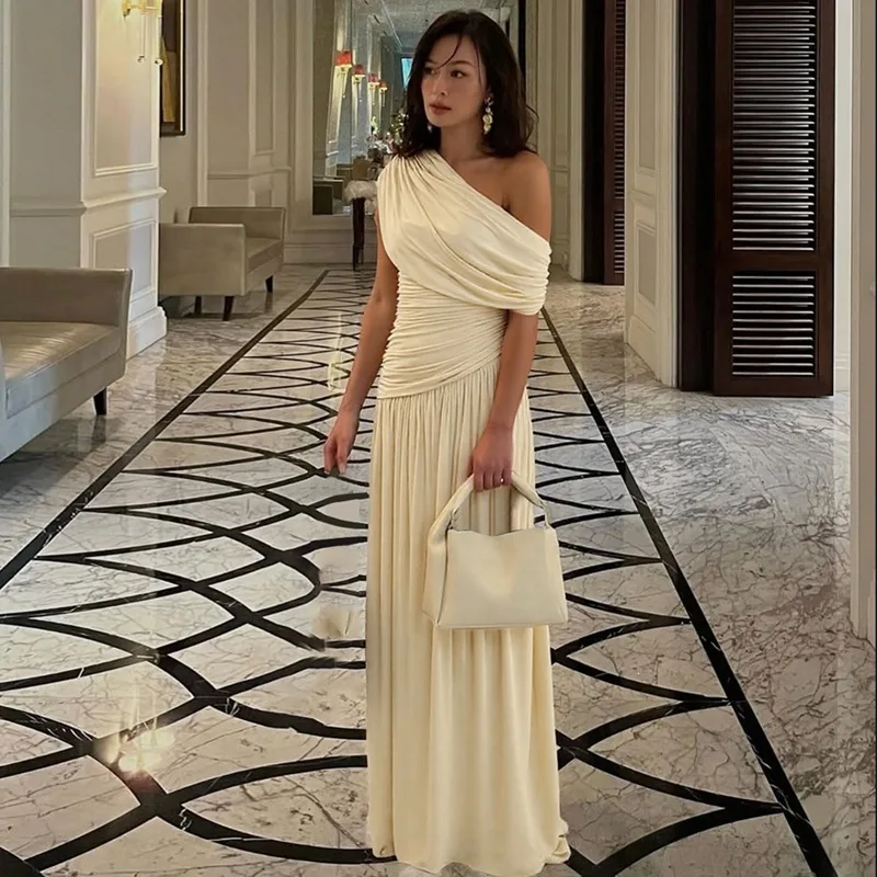 Solid Color Pleats Irregular Slanted Neckline Corset Graduation Ceremony Host Bridesmaid Elegant Formal Sexy Women's Long Dress