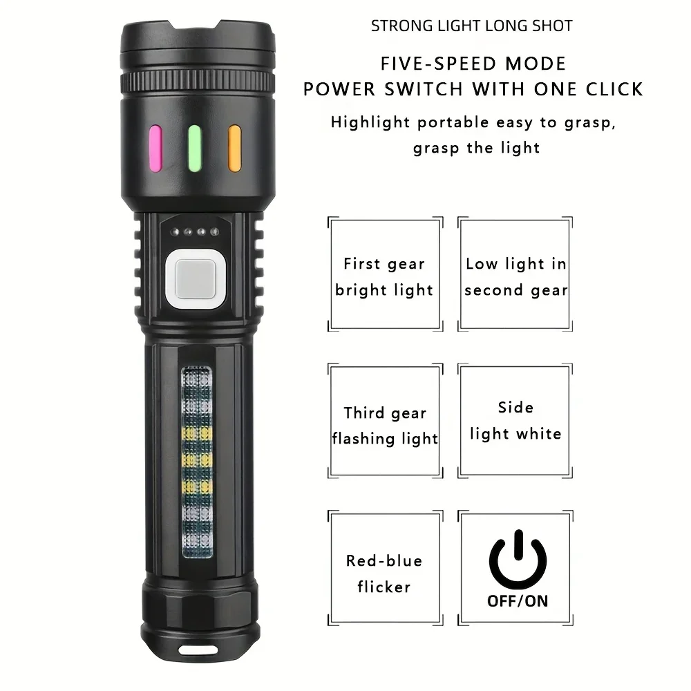 1/2pcs Ultra Bright Rechargeable Flashlight Powerful Torch with 5 Modes Red/Blue Flash Digital Display Screen USB-C Charging