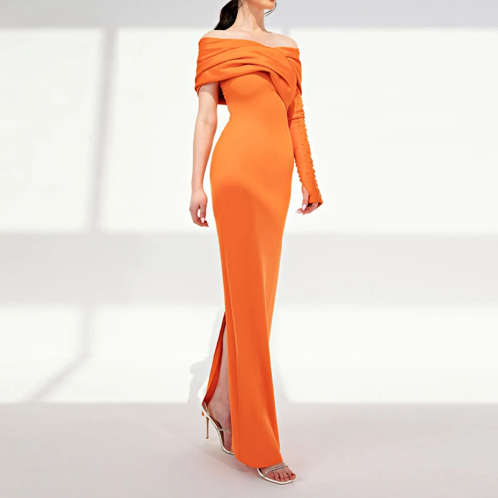 Muloong Orange Off Shoulder Evening Dresses Pencil Cut Floor Length Stone Beads Gloves Straight Across Gathered Neck Prom Gown