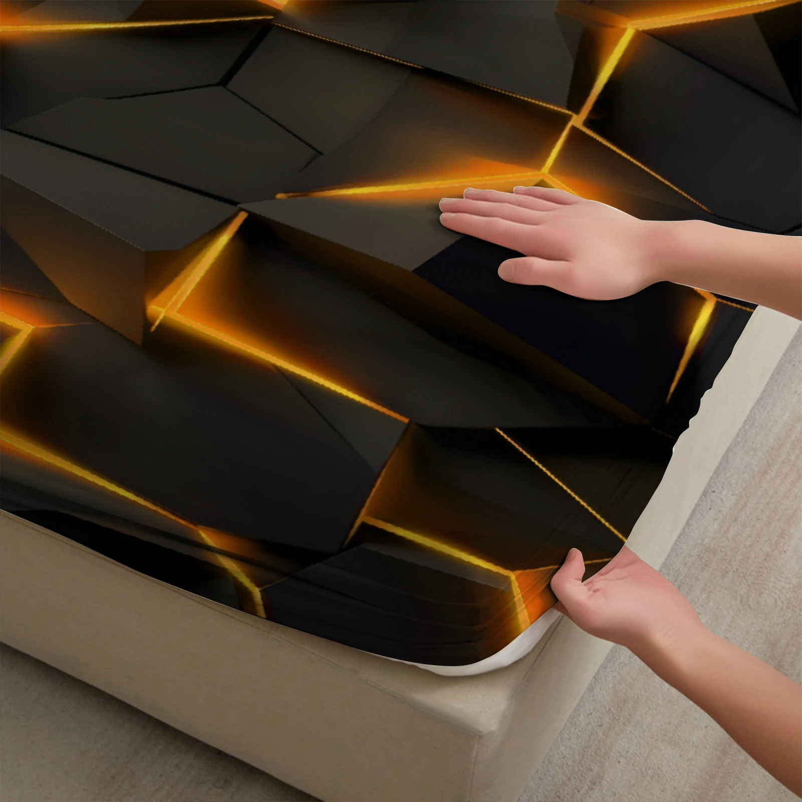 1 Piece 3D Lava Crack Geometric Fitted Sheet Black Gold Luminous Rock Texture Bedding Soft Microfiber Mattress Cover For Bedroom