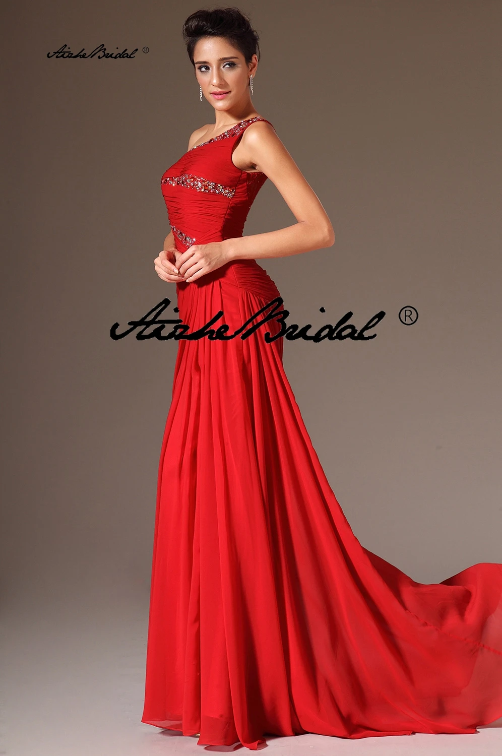 كتف واحد فستان المسابقة الأحمر مطرز فساتين السهرة الشيفون حورية البحر