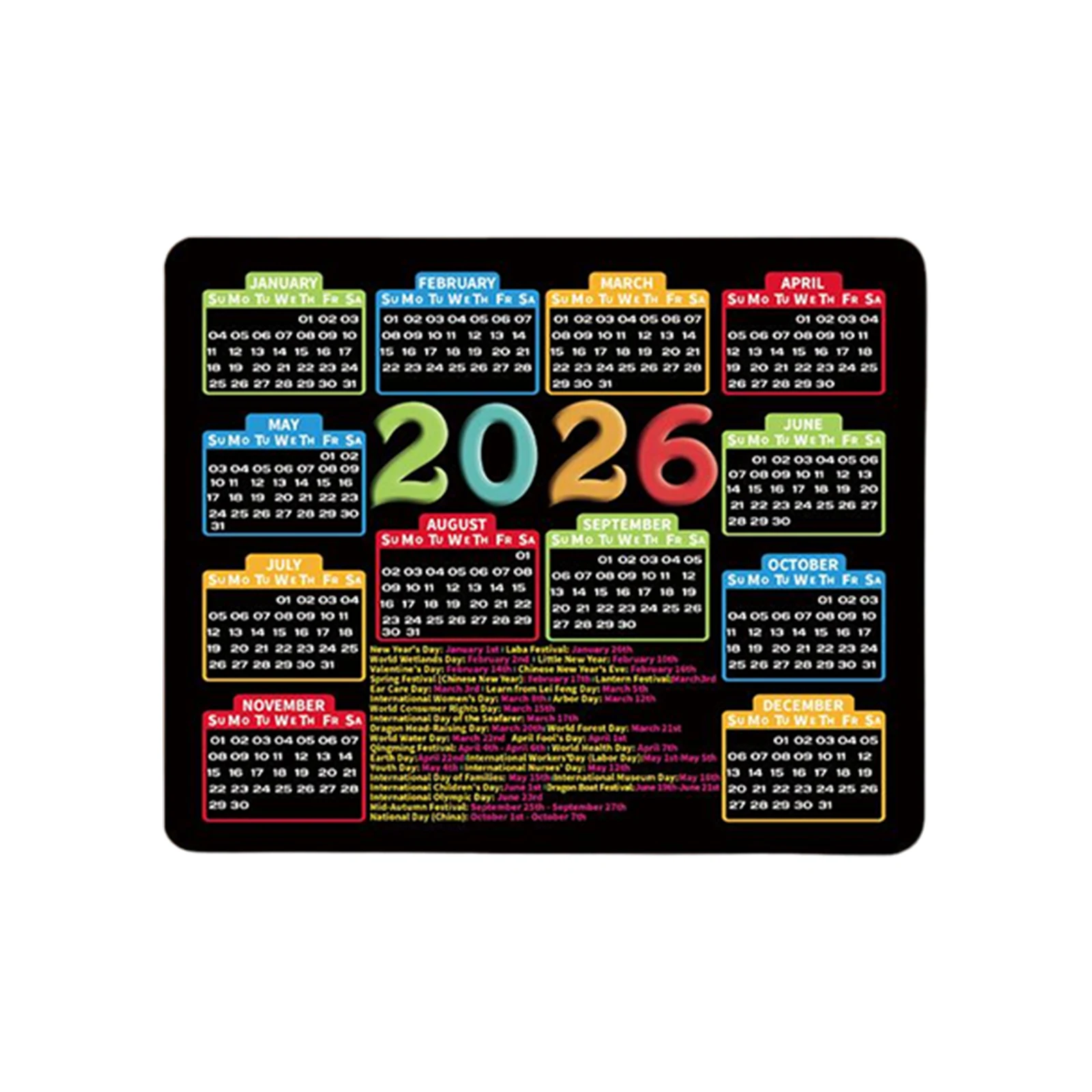 

Коврик для мыши с календарем на 2026 год, нескользящий, для офисного стола, красочный календарный коврик, декор для дома, водонепроницаемый настольный коврик, игровой аксессуар