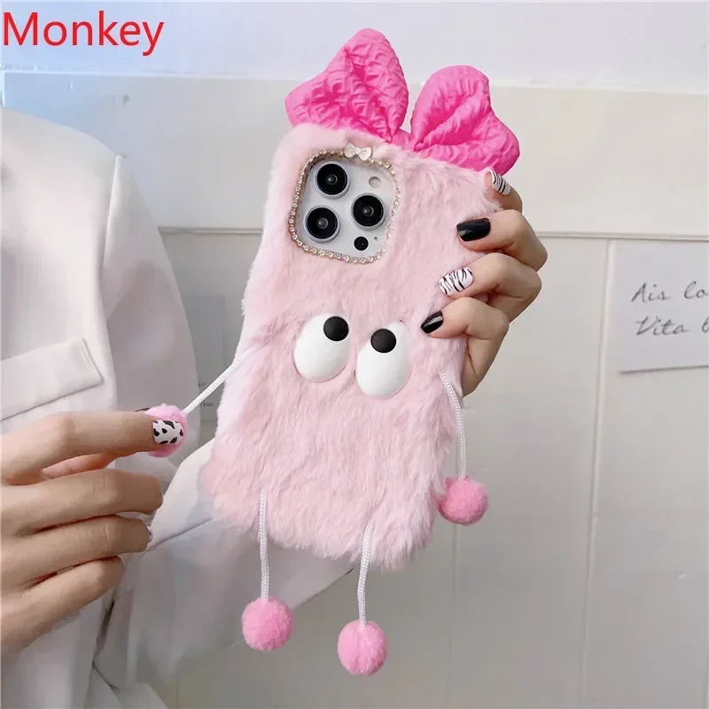 Plush Fur Cover Korea Pink Cute Cartoon 3D Bow Soft Case For VIVO Y100 Y22 Y78 Y36 Y35 Y38 Y28 Y27 Y20 Y18 Y17S Y16 Y15S Y03 Y02