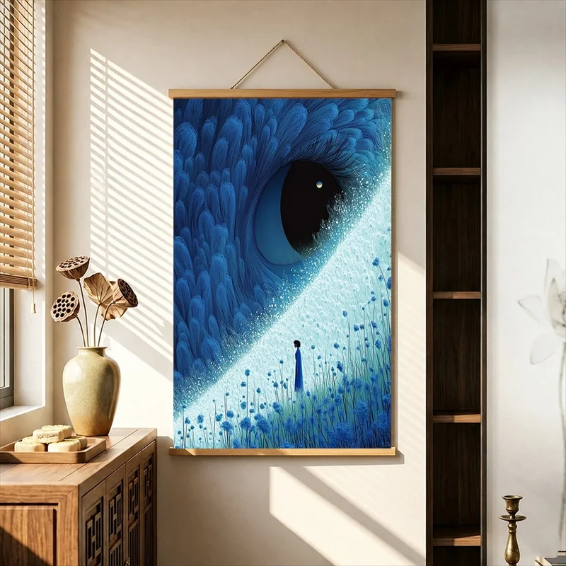 Wall Decor Deep Blue Cosmic Forms and Tiny Figures, Surreal Abstract Pearlescent Canvas Wall Hanging Scroll for Meditation Room