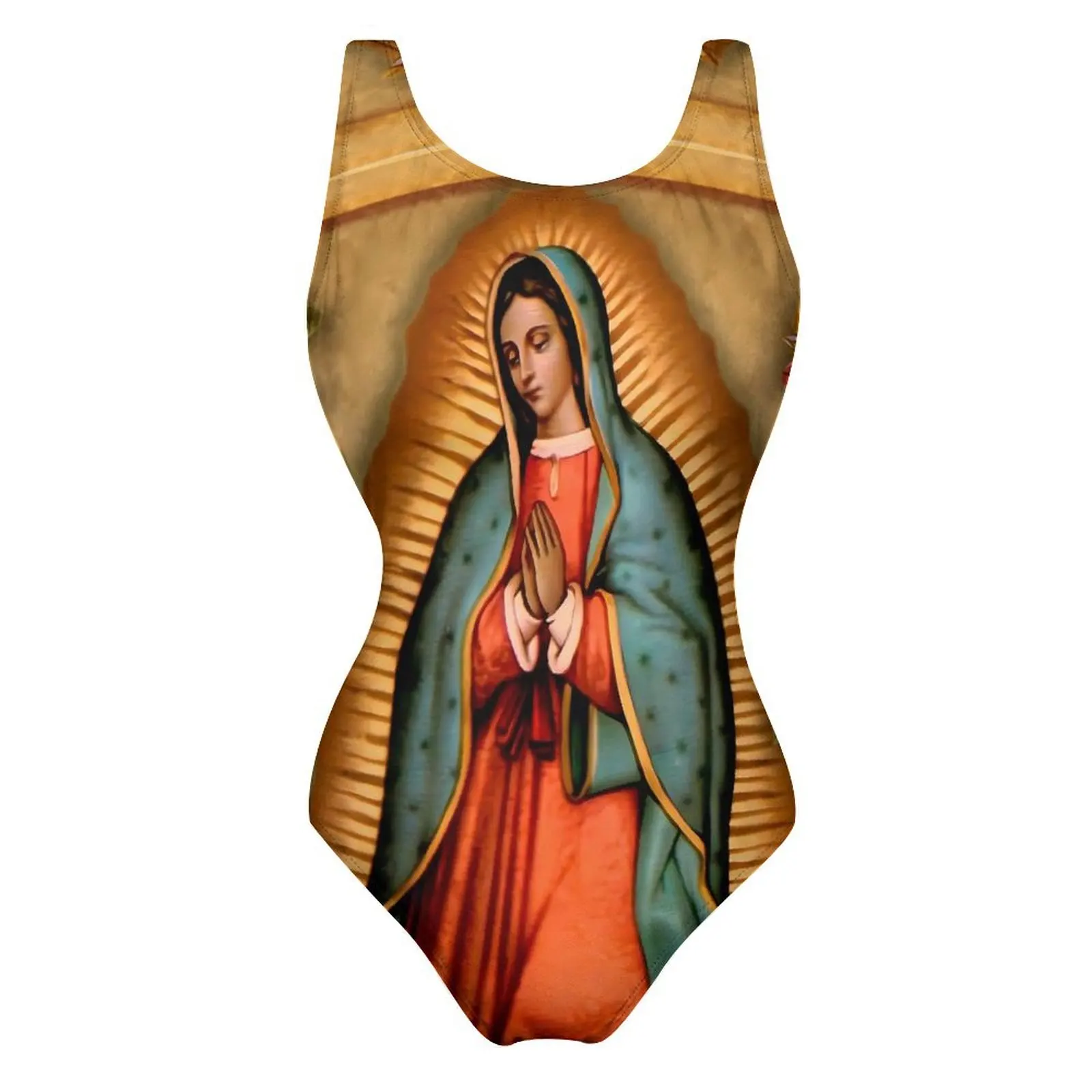 Virgin Mary Floral Swimsuit Santa Maria One Piece Swimwear Push Up Sweet Bathing Suits Sexy Holiday Swim Custom Beach Outfits