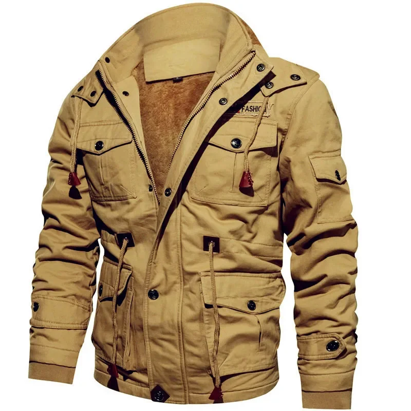 

Winter Men's Jacket Solid Color Thickened Lining Plushed Warm Hooded Jacket High Quality Casual Cotton Coat