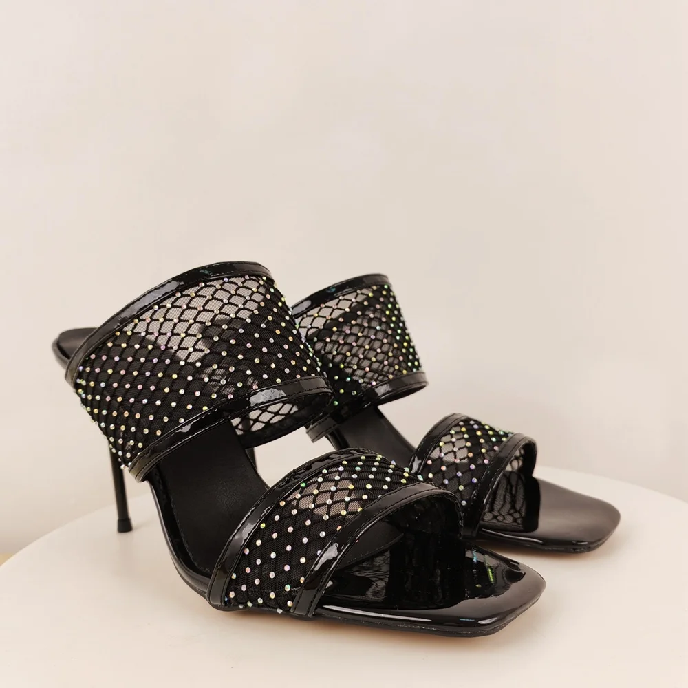 

Black Mesh Rhinestone Studded Women Stiletto High Heel Pump Mule Square Toe Two-Band Daily Slide Slipper Party Sandals De Mujer