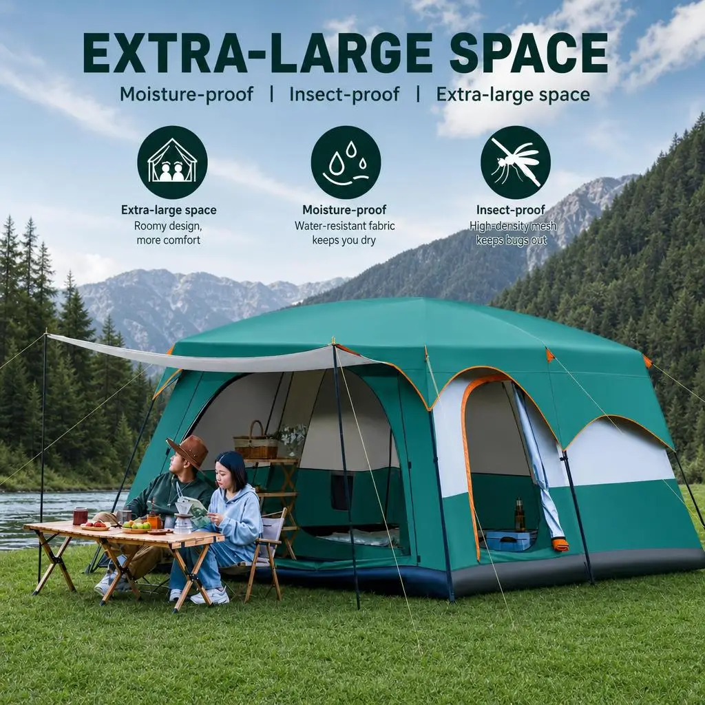 Großes Outdoor-Campingzelt für 3-6 Personen |   Doppelschichtige Übergroße Zelte mit 2 Räumen |   Verstärktes Regenfestes Wasserdichtes Familienzelt