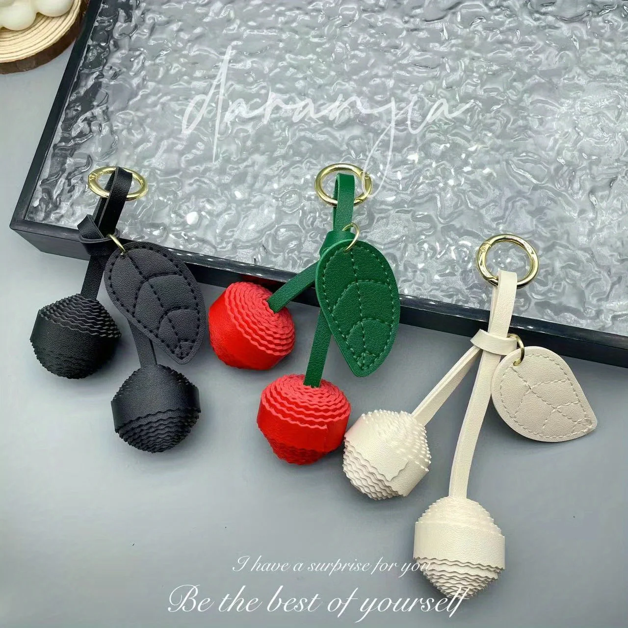 Small Delicate Cherry Ball Bag Decoration,Fashion PU Woven Ball Keychain,Personalized Bag Charm Hanging Accessories Bag Pendant