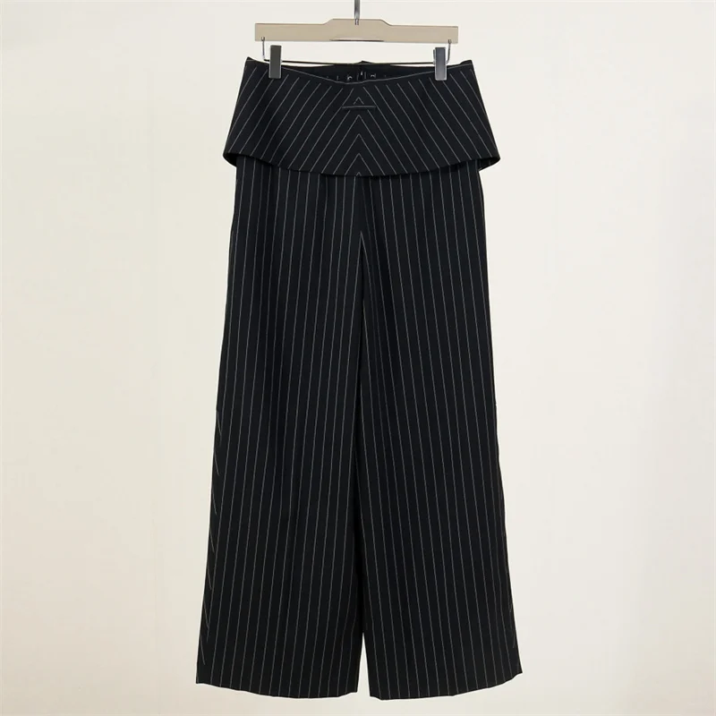 Pantalones de mujer nuevos pantalones de pierna recta de cintura alta para otoño 2025, pantalones de traje a rayas de mezcla de lana, pantalones ajustados con cordones de espina de pescado