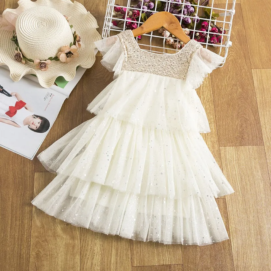 Girl Rainbow Dress Summer Cupcake Star Sequins Kid One-Piece Tutu Skirt Children Teenage Tulle Pleat Outfit 2024 Birthday Party 