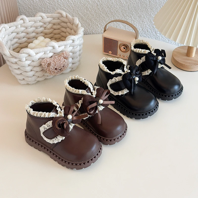 

Girls' Boots 2025 Autumn/Winter New Korean Edition Bow Soft Bottom Lace Kid's Short Boots Fashion Non-slip Children's Shoes