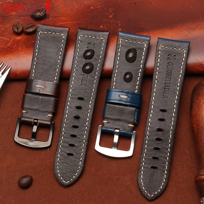 Oil Wax Genuine Cow Leather Bracelet for Panerai Citizen Fossil Breitling Hamilton Vintage Watch Strap 22mm 24mm 26mm Watchband