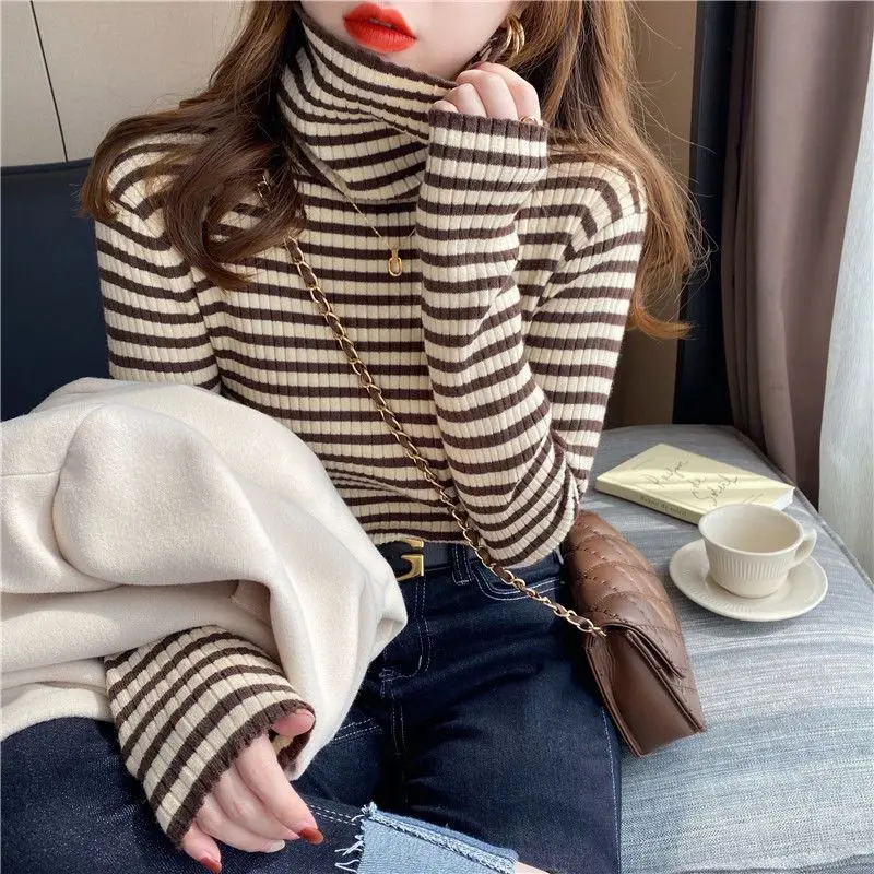 Women\'s Clothing Autumn Winter Striped Contrast Color Pullover Sweater Turtleneck Knitted Long Sleeve Elegant Casual Tops