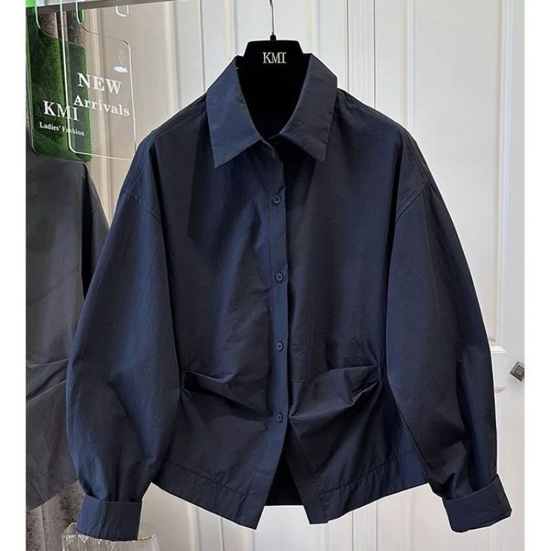 Tops de manga larga con cintura plisada de gama alta para mujer, camisas de Color sólido con solapa holgada, nuevo temperamento, primavera y otoño