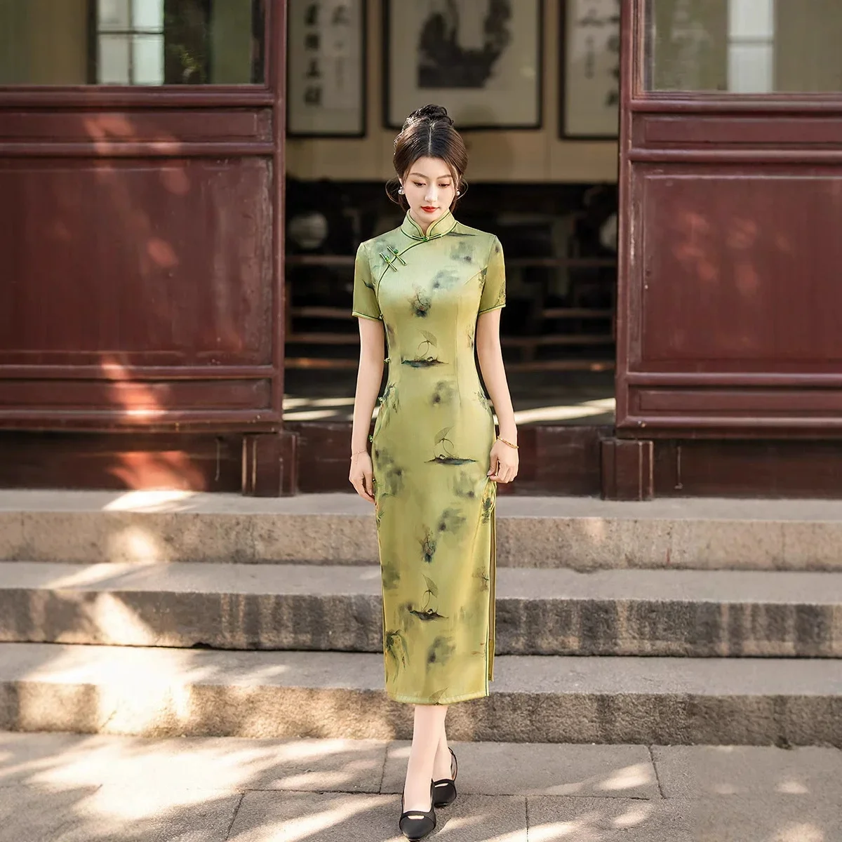 

Улучшенное платье Cheongsam в китайском стиле в стиле ретро, облегающее платье Cheongsam с принтом весна/лето 2022, длинное стильное платье Qipao