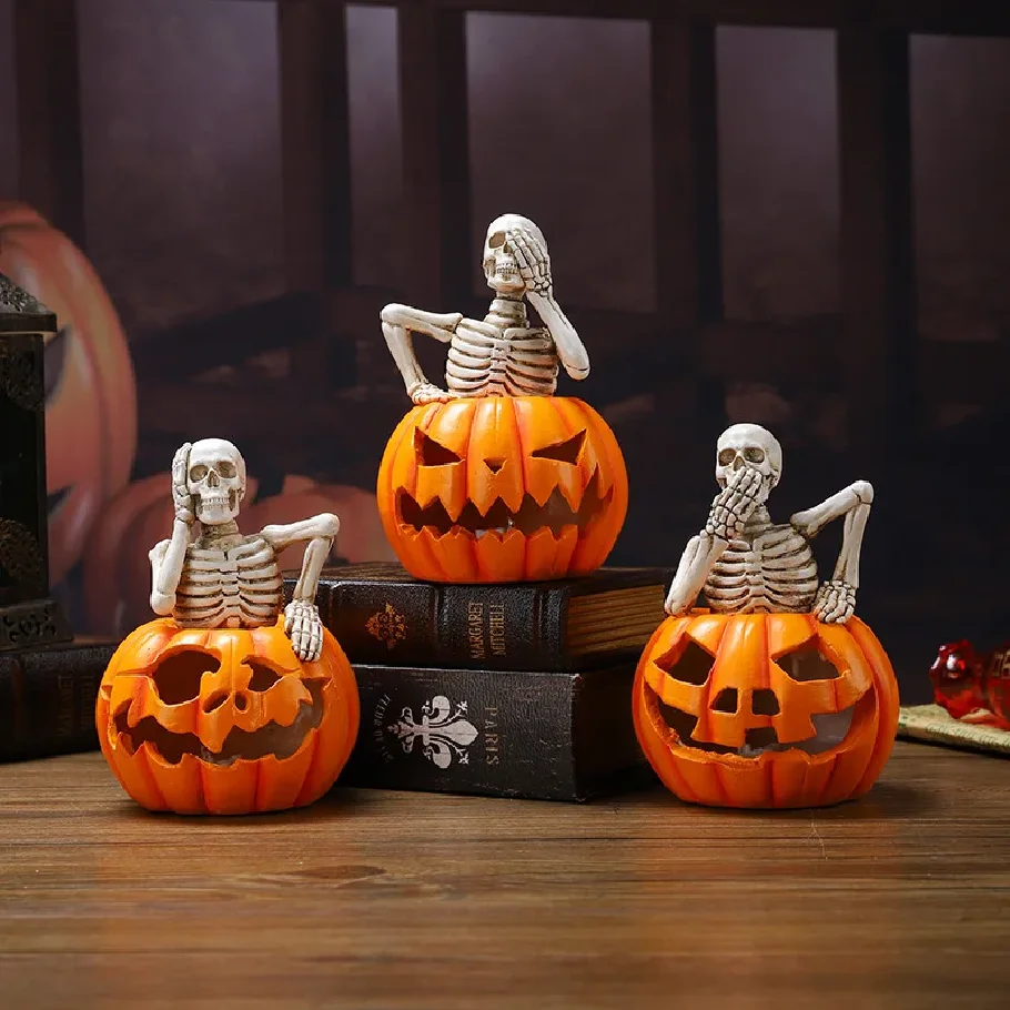 Halloween Pumpkin Skeleton Figurines Pumpkin Lantern Decor Spooky Ghost Festival Skull With Lights Party Halloween Resin Crafts