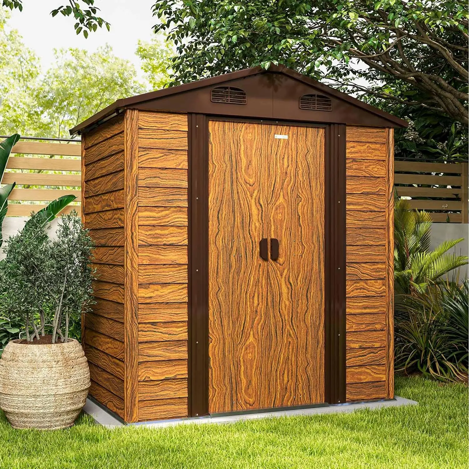 6 x 4 FT Wood Look Metal Storage Shed for Outdoor Steel Yard Shed with Design of Lockable Doors Tool Storage for Garden Backyard