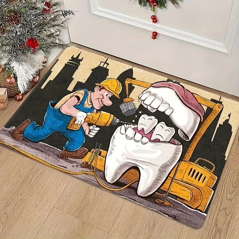 Funny Dentist Construction Tooth Cartoon Print Entryway Doormat, Creative Dental‑theme Floor Mat Entrance Home Decoration