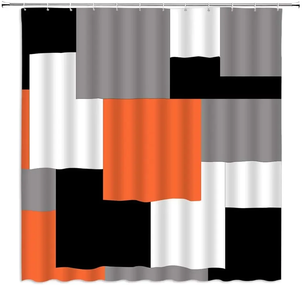 Black White Gray Orange Geometric Pattern Shower Curtain Abstract Modern Bathroom Decoration Fabric Bath Curtains with Hooks Set