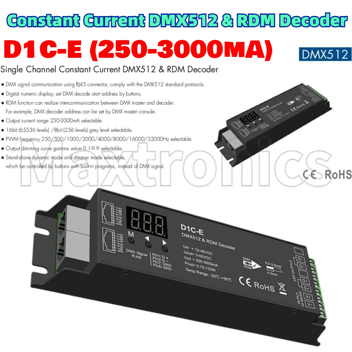D1C-E(250-3000mA) 1CH Constant Current DMX512 & RDM Decoder Single Channel DMX Master 8/16bit Digital Numeric Display DC12-48V