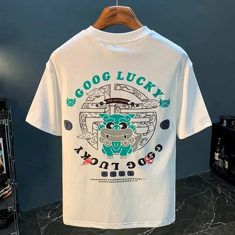 2026Summer New Men's T-shirt Loose Printing Stylish round Neck Short-Sleeved Shirt Fashion White Top