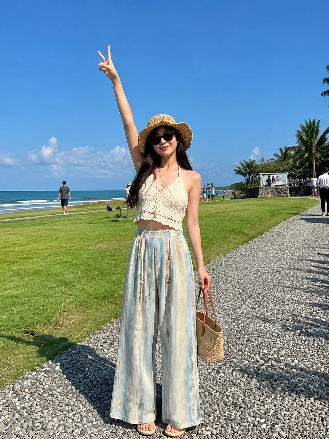Summer Korean Style Fashion Vacation Pants Women's Gradient Stripe Loose Wide Leg Pants Elegant Casual High Street Trousers