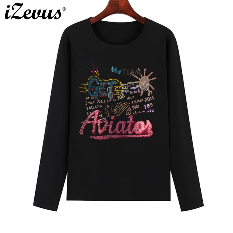 Creative shiny diamonds popular new women's fall and winter long-sleeved cotton casual T-shirt S-4XL