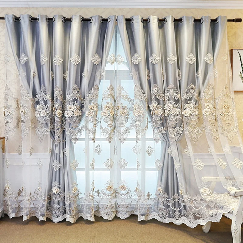 European Style Atmospheric European Tulle Curtains New Style Living Room Bedroom Finished Luxury Curtain Head Double Curtain